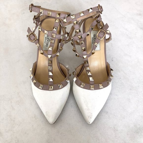 Valentino Garavani Rockstud caged pump ankle strap high heel leather shoes white - Picture 3 of 16